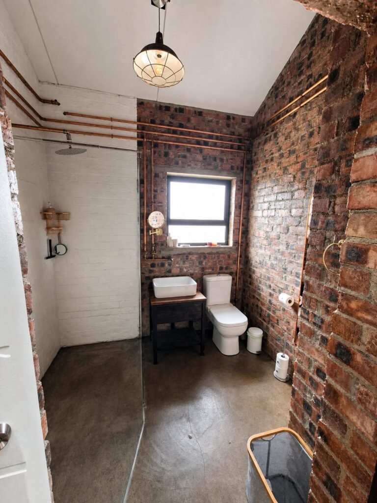 Bathroom at the Vacation Home with a walk-in shower, toilet and face-brick walls